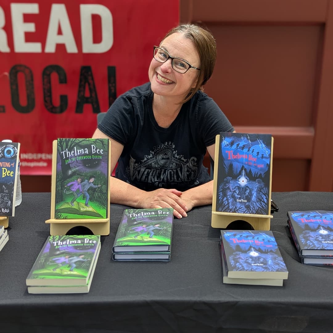 Erin at a book table